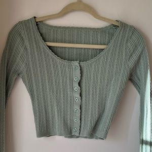 Green Cardigan Button Up Textured Crochet Long Sleeve Top y2k trendy pinterest